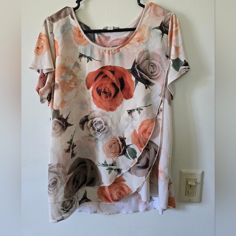 Dress Barn Top Women XL Beige Floral Sheer Short Sleeve Lined Blouse Ruffle Tier